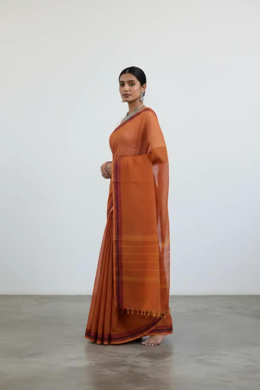 Handloom Kanchipuram Cotton-Silk Saree in Rich Orange, Woven Border