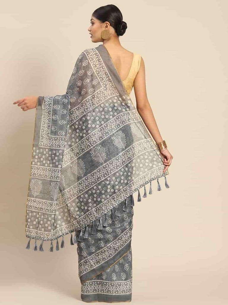 Women's Pure Cotton block print saree with unstiched blouse piece view 2