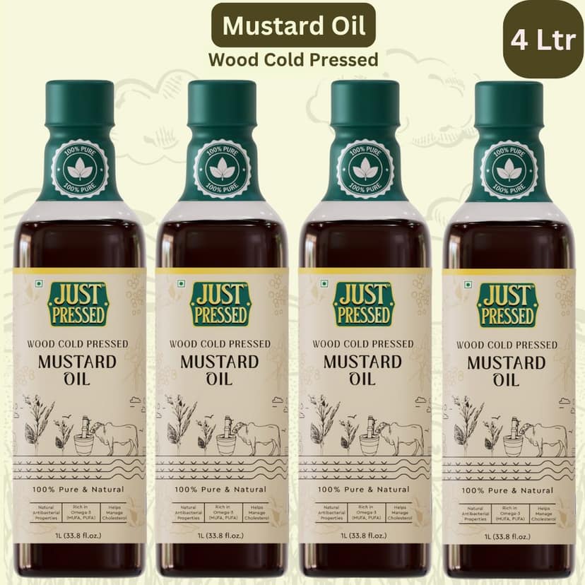 Mustard Wood Pressed Mustard Oil 4 Litres (Cold Pressed - Extracted on Wooden Churner) | Kolhu/Kacchi Ghani / Chekku