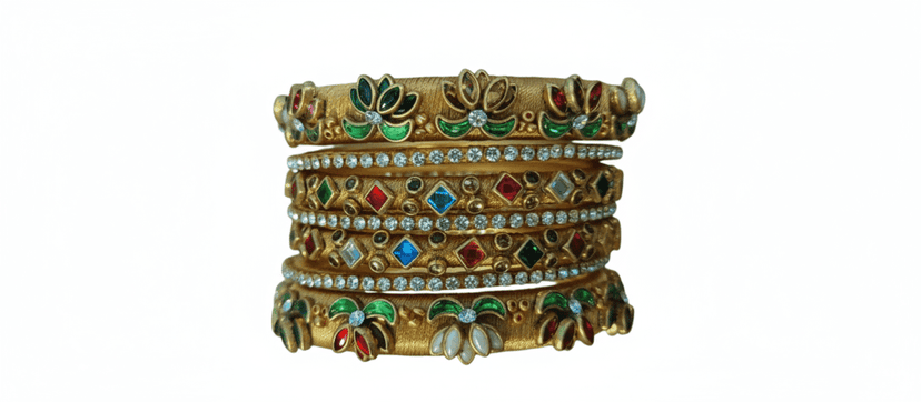 Gold Bangles with Gemstones and Floral Embellishments