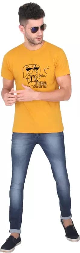 Men Printed Round Neck Pure Cotton Yellow T-Shirt view 2