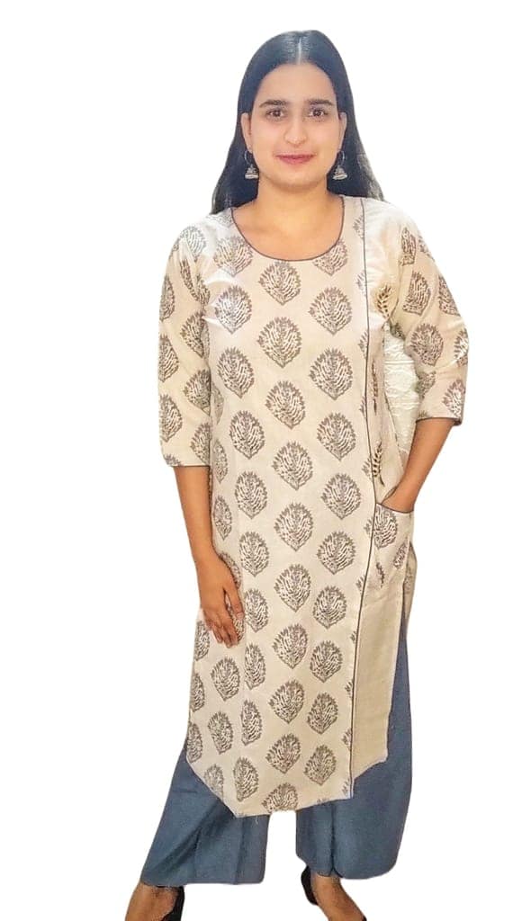 ATTIRIS Women's Cotton Printed Straight Round Neck Calf Length Kurta with Palazzo, Grey view 2