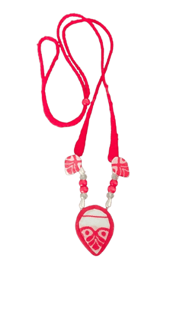 Assamese Handmade Woolen Thread Necklace and Earrings Jewelry Set (RED & WHITE) view 2