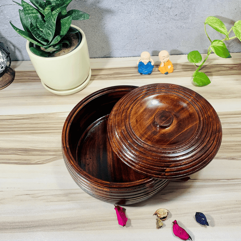 Homefrills Handicrafts Sheesham Wood Ring carved design Floral Chapati/Roti Box, Casserole,Wooden hotpot roti Box,chapati Holder, Hot Case Roti Server for Kitchen,Dinning Table Serveware Size-23*11 cm view 2