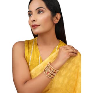 Red Green Kundan Pearl Laxmi Coin 6pc Bridal Bangle Set