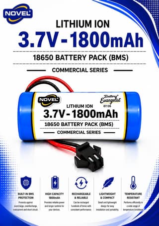 NOVEL 3.7V 18650 LITHIUM ION SM PIN BATTERY WITH CHARGING CABLE- 1800mAh