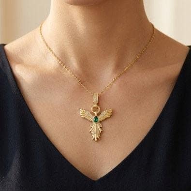 Phoenix Wing Emerald Pendant Necklace | Gold-Tone Anti-Tarnish Imitation Jewellery view 2