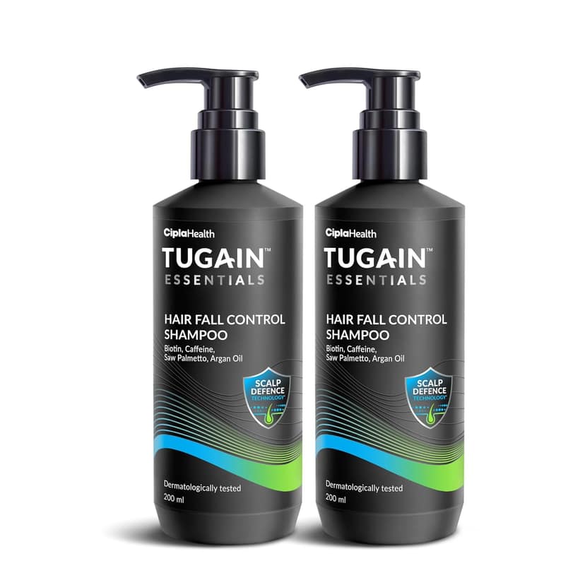 Tugain Essentials Hair Fall Control Shampoo | with Biotin, Caffeine and Argan Oil for Stronger & Thicker hair | For Men & Women - 200ml| Pack of 2 Tugain Essentials Hair Fall Control Shampoo | with Biotin, Caffeine and Argan Oil for Stronger & Thicker ha