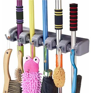 Silver Plastic 5-Holder Broom & Mop Storage Rack Durable Wall-Mounted Cleaning Tool Organizer
