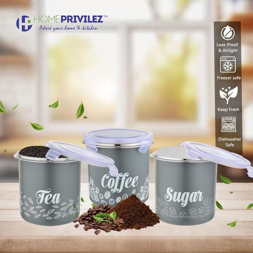 “Flip & Seal “Stainless Steel Air Tight Storage Container- Tea, Coffee & Sugar Set of 3 in Grey colour(1000mLx3) view 2