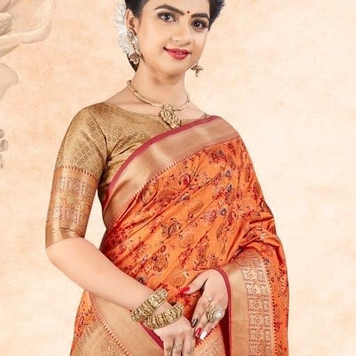 Digital Printed Art Silk Saree in Orange view 2
