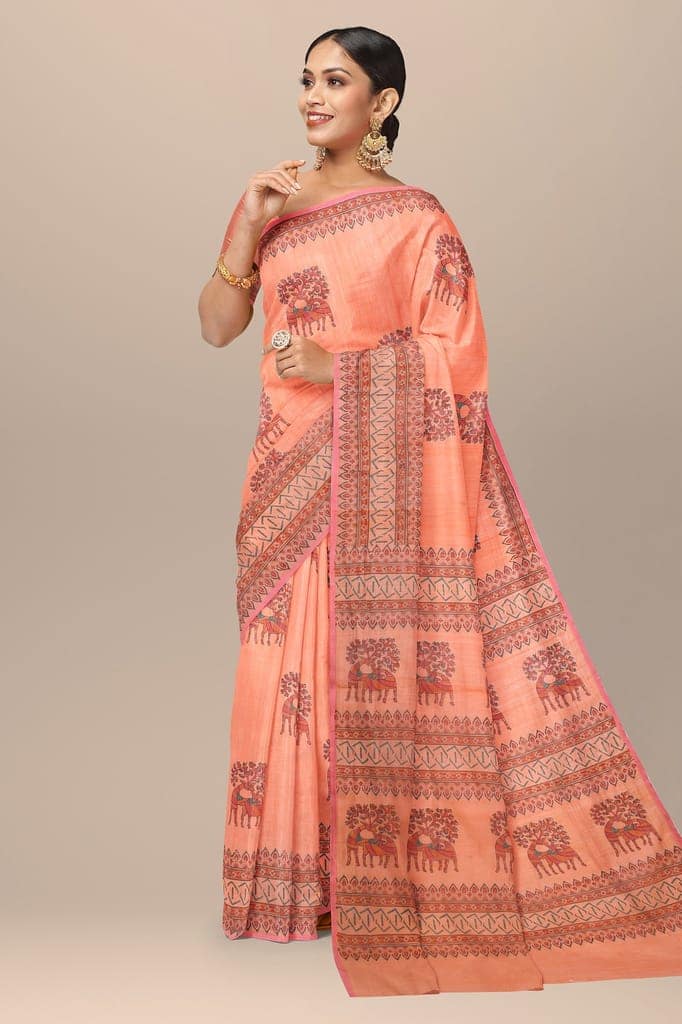 Cantaloupe Orange Deer Motif Handwoven Hand Block Printed Sausar Silk Saree SKU-AS10021 view 2
