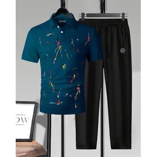 AUSK Mens Casual Printed Cotton Blend Teal Blue & Black Summer wear Co-ords set of T-Shirt & Trakpant