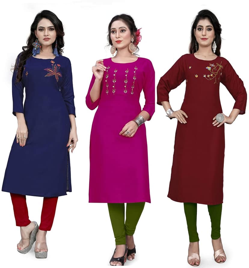 STYLEOO Rayon Embroidered Straight Kurties for Women and Girls (Pack of 3), DARK BLUE, RANI & MAROON (M, L, XL, XXL)