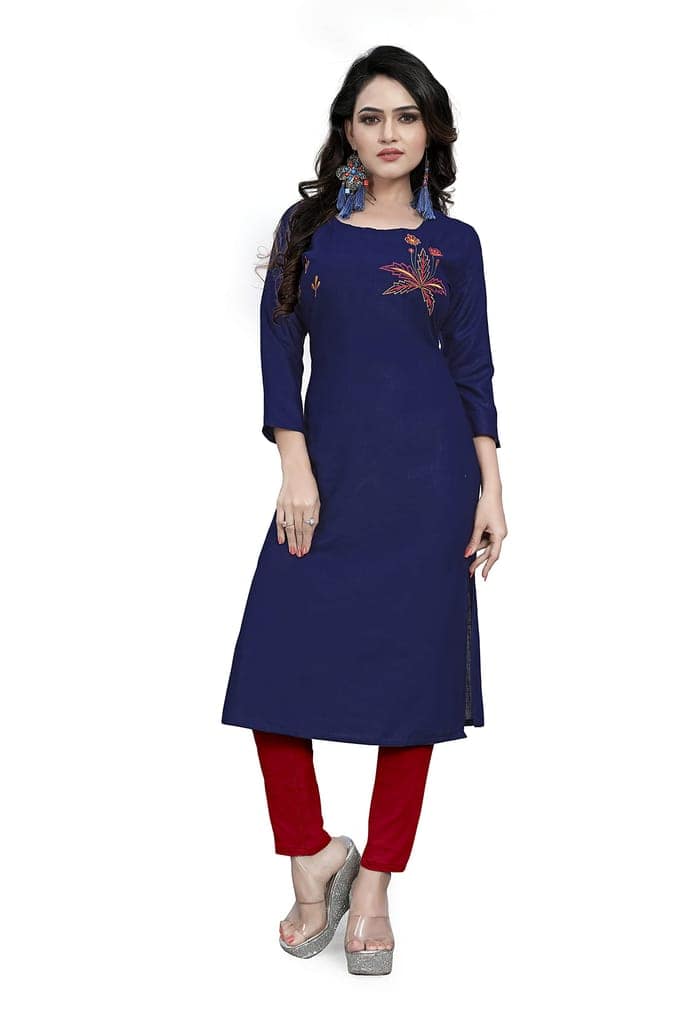 STYLEOO Rayon Embroidered Straight Kurties for Women and Girls (Pack of 3), DARK BLUE, RANI & MAROON (M, L, XL, XXL) view 2