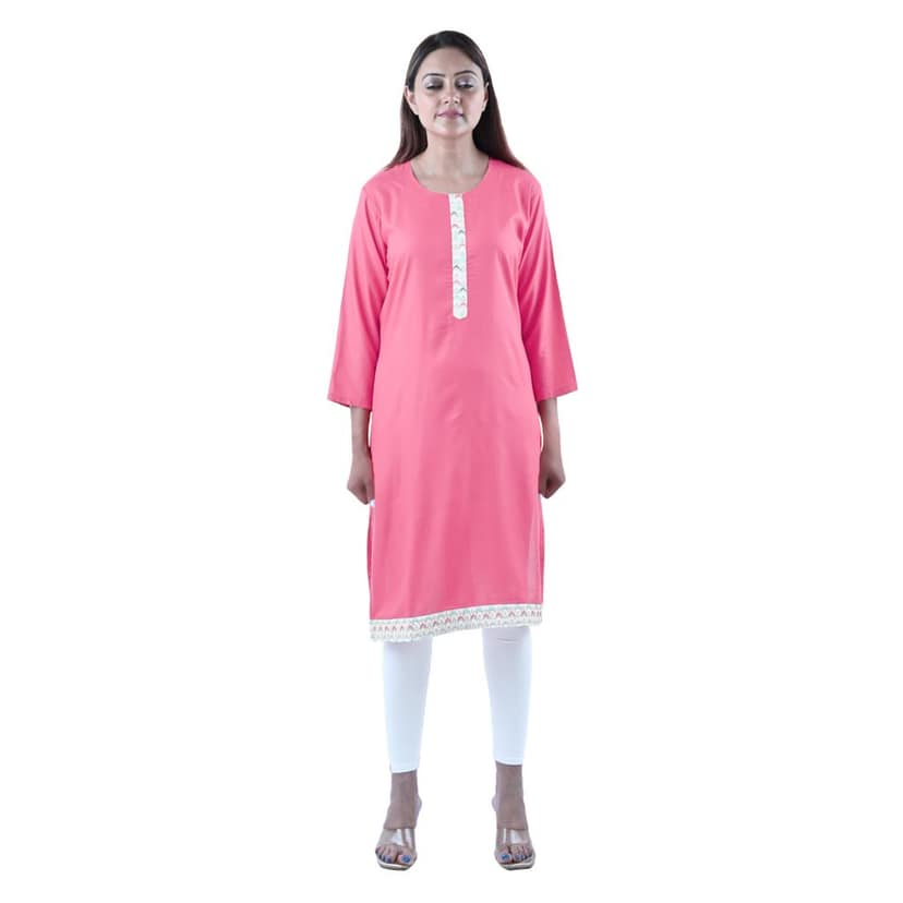 Cotton Fabric Ethnic Zari A- Line Kurti Red Women's