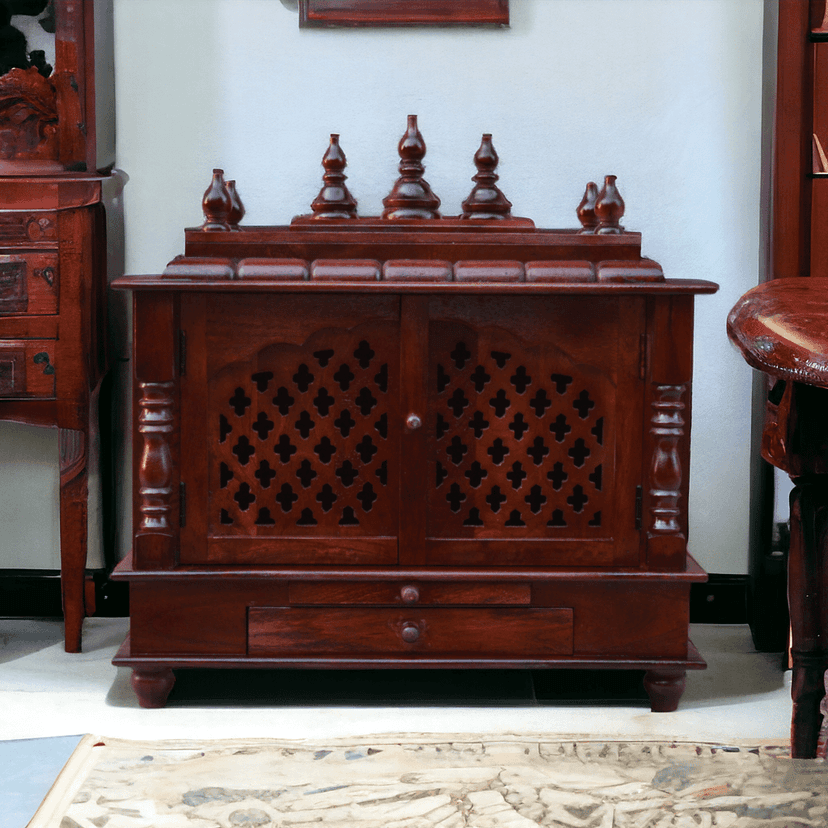 Unique Design Handmade and Handpainted Wooden Pooja Temple, Mandir with Big Drawer for Home and Office set 1