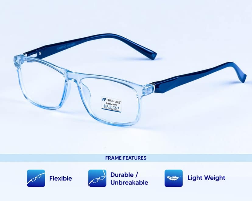 Flikertag Blue Cut Computer Glasses for Eye Protection | Zero Power Blue Light Filter Glasses With UV Protection | Anti Glare Specs for Men & Women [FTF206 F2 Rectangle Glossy Water Blue Frame, 50mm] view 2