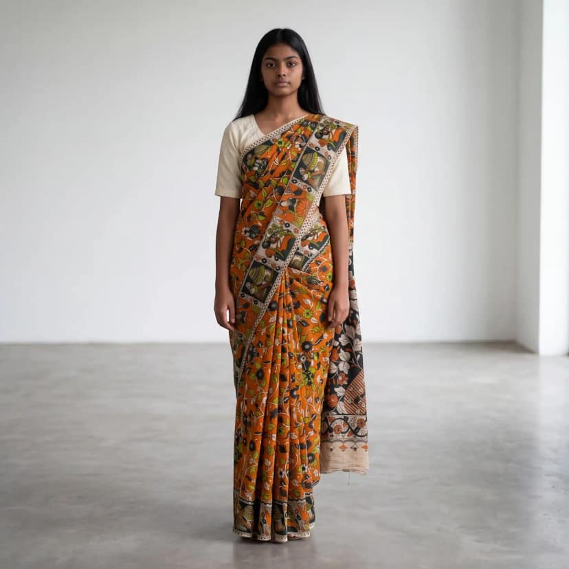 Screen-Printed Pedana Kalamkari Mulmul Cotton Saree in Orange