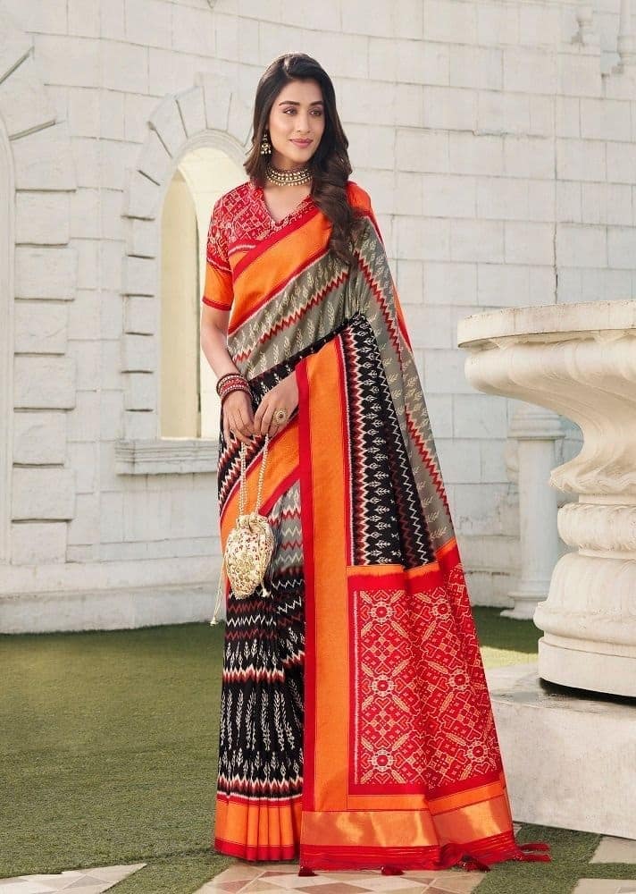 Ikat Printed Art Silk Saree in Grey and Black