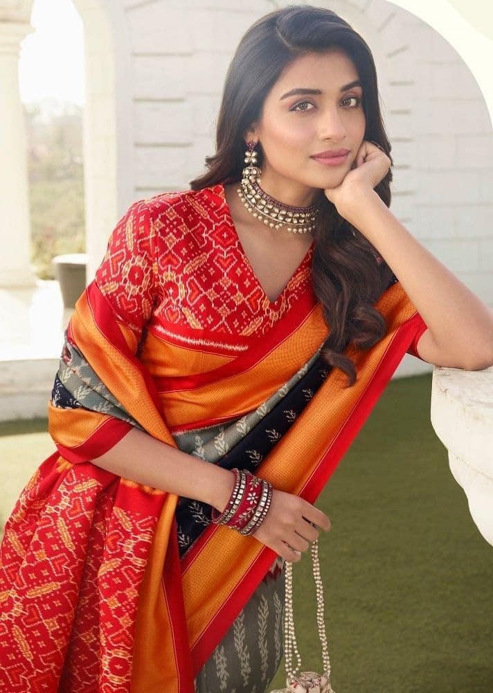 Ikat Printed Art Silk Saree in Grey and Black view 2