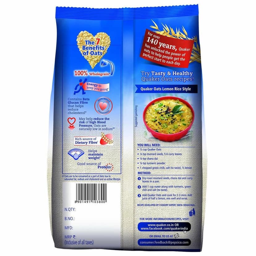 Quaker Oats 1kg, Rolled Oats Natural Wholegrain, Nutritious Breakfast Cereals, Dalia Porridge, Easy to Cook view 2