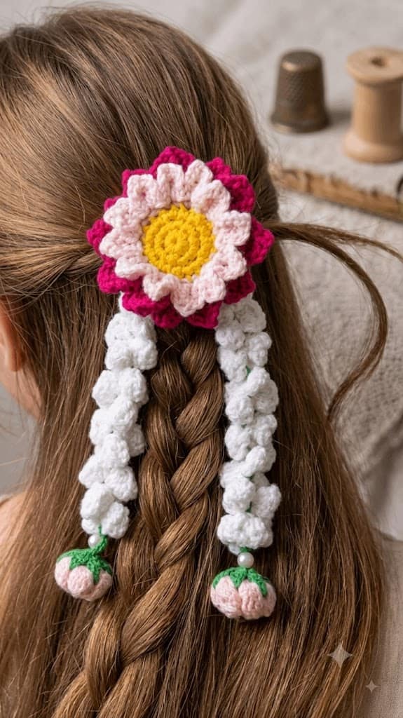 CROSHIA HUT Handmade Crochet Floral Hair Accessory with Strawberry Detailing | Cute Flower Hair Clip for Girls & Women view 2