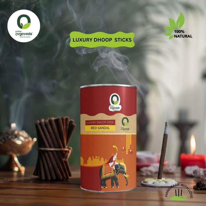 Prime Orgoveda Red Sandal Dhoop Sticks | 100% Natural, Charcoal-Free | Long-Lasting Divine Aroma for Prayer, Pooja, Meditation & Relaxation | Handcrafted Premium Dhoop (Pack of 40 Sticks) view 2