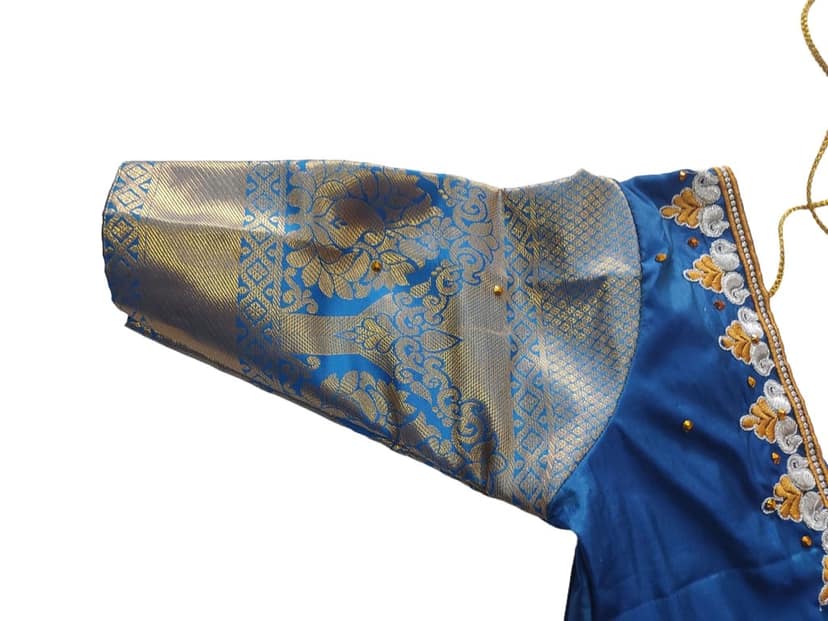 Blue blouse with intricate zari and pearl embroidery work view 2
