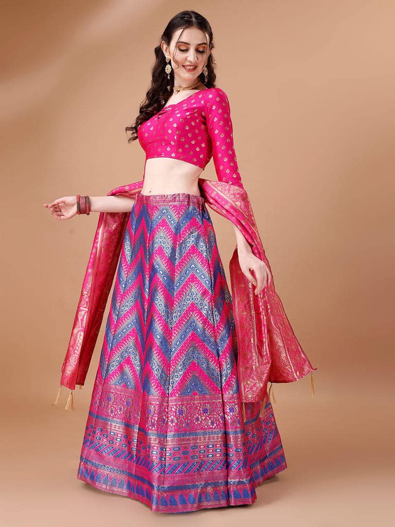 Purple & Pink Semi-Stitched Lehenga & Unstitched Blouse With Dupatta view 2