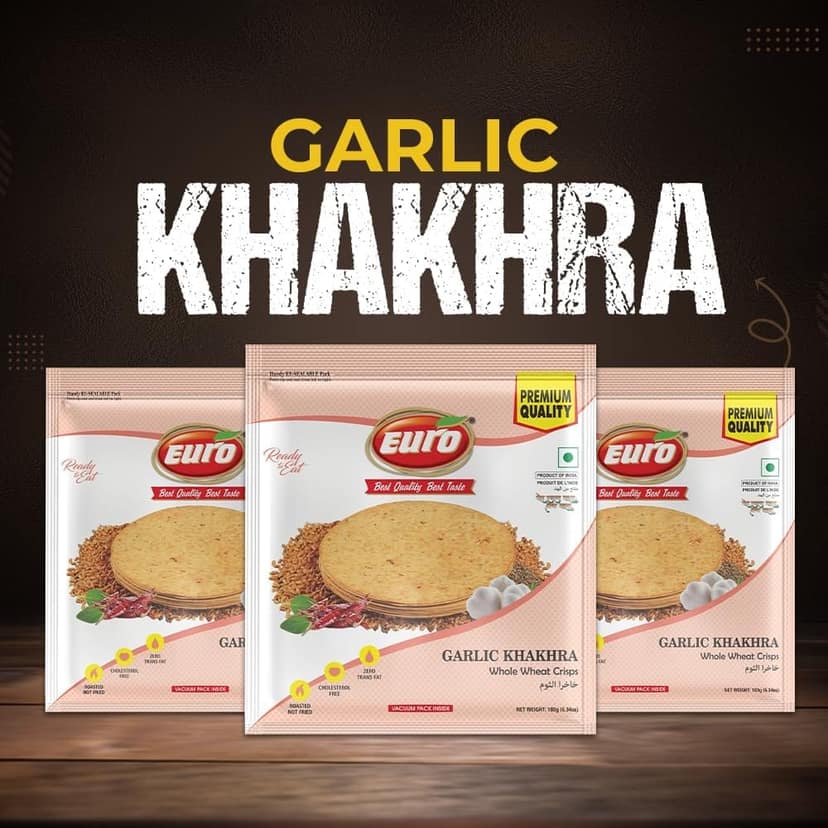 Euro Garlic Khakhra 180Gm Pack of 4|Roasted Not Fried | Cholesterol Free | Zero Transfat |Vacuum-Sealed for Freshness | Authentic Gujarati Snack, Ideal for Tea Time | Healthy Khakhra Options| Healthy Snacking view 2