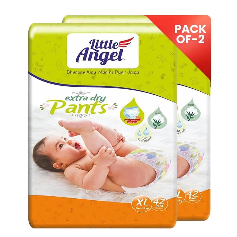 Little Angel Extra Dry Baby Pants Diaper, Extra Large (XL) Size, 84 Count, Super Absorbent Core Up to 12 Hrs Protection & Wetness Indicator, Pack of 2, 42 count/pack, Over 12kg Little Angel Extra Dry Baby Pants Diaper, Extra Large (XL) Size, 84 Count, Su
