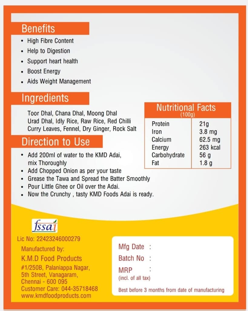 KMD Multi Dhal Adai Mix - 250g | 100% Pure, Natural & Vegan view 2