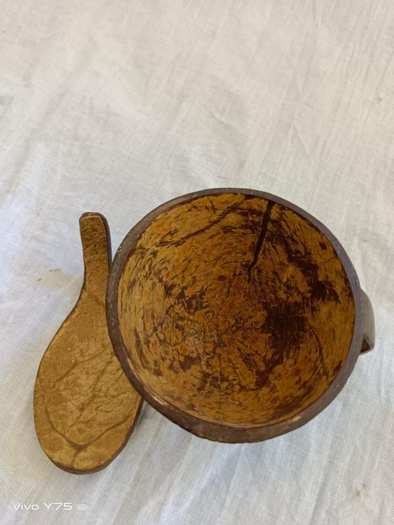Coffee/Tea cups with spoon. made using Coconut shells. view 2