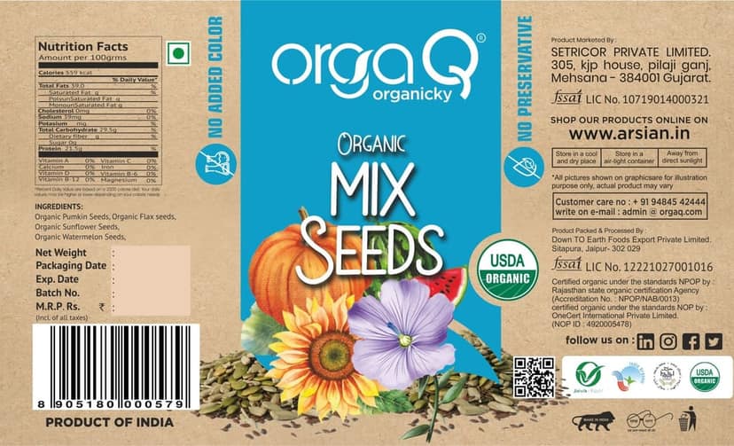 OrgaQ Organicky All-organic Mix seeds (sunflower, flax, pumpkin, and watermelon) view 2