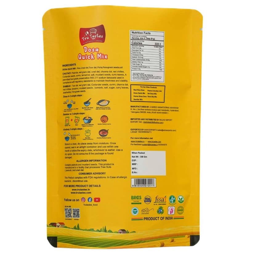 Tru Tastes Dosa Quick Mix with Sambar,Chutney and Penut Chutney, Fermented and Processed Naturally, Can Make 13 Dosas, Complete Breakfast Kit view 2