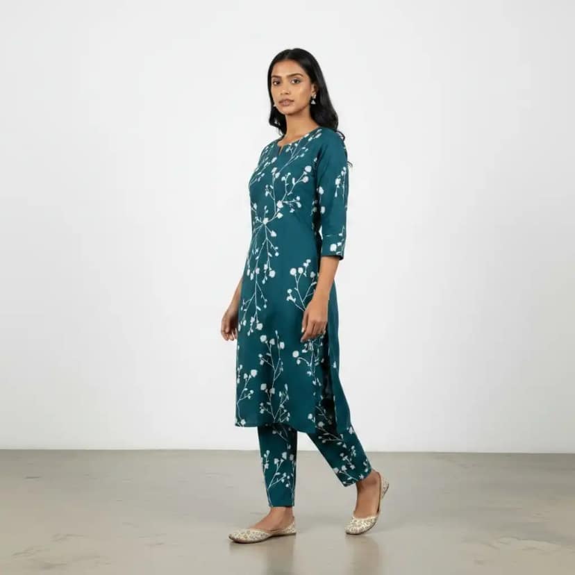Indigo Blue Screen-Print Cotton Kurti and Trouser Set view 2