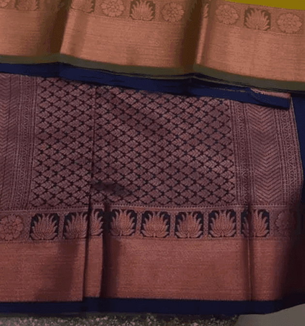Women Semi Pattu Saree Silk Blend Saree Apple green color saree with Navy blue color and blouse view 2