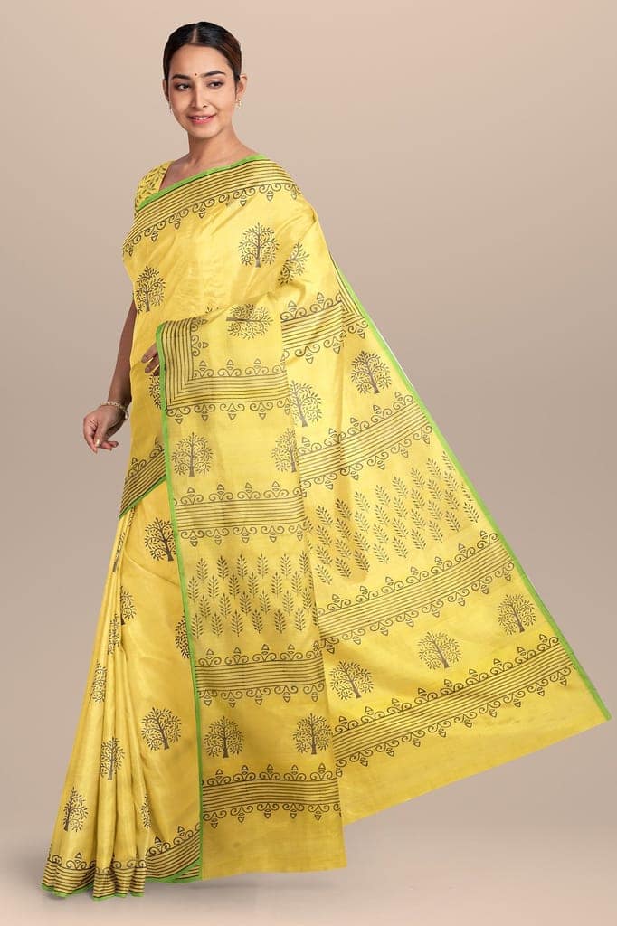 Lemon Yellow Tree Motif Handwoven Hand Block Print Sausar Silk SKU-AS10023 view 2