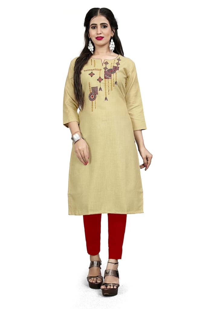 STYLEOO Ruby Slub Embroidered Straight Kurta for Women Pack of 2,CREAM & PINK, (M, L, XL, XXL) view 2