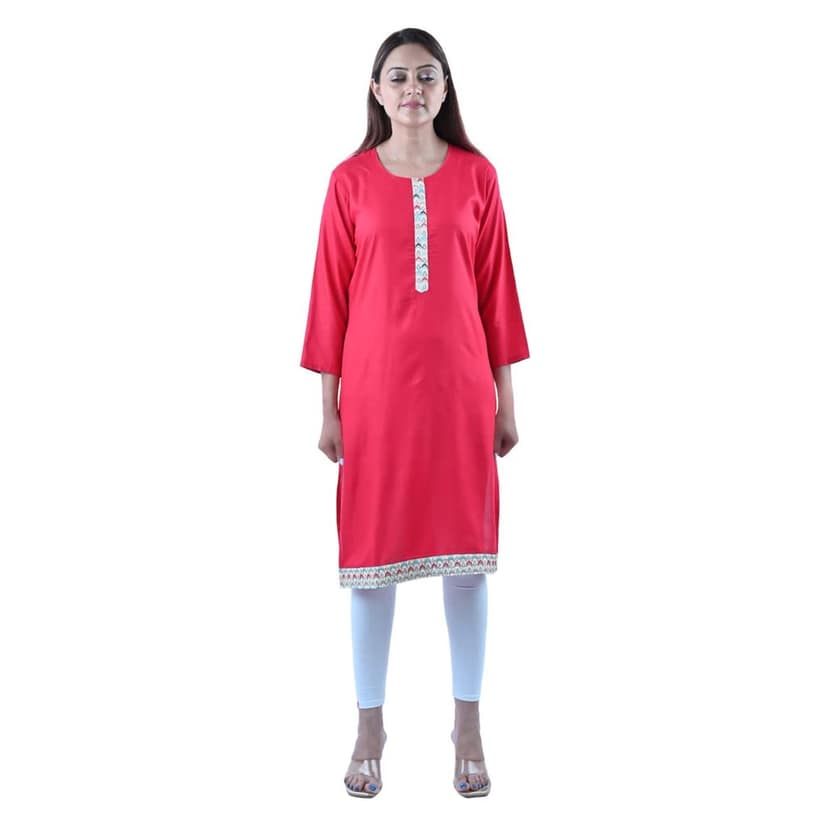 Cotton Fabric Ethnic Zari A- Line Kurti Red Women's