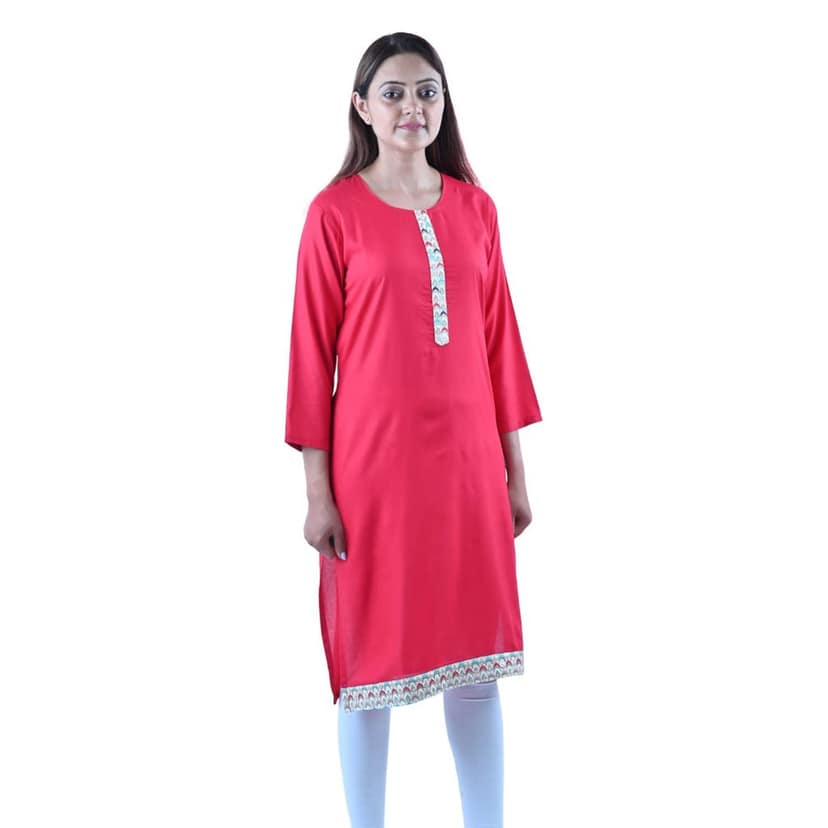 Cotton Fabric Ethnic Zari A- Line Kurti Red Women's view 2