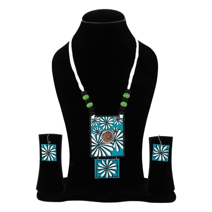 EKAM EK delicately designed square shaped fabric pendent set with earrings with floral design for women and girls for casual and formal occasions view 2