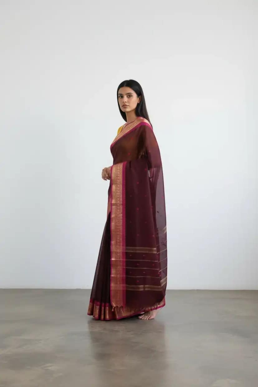 Handwoven Maroon Kanchipuram Cotton-Silk Saree with Dual Zari Borders