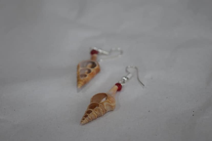 Natural Seashell Dangle Earrings, Handcrafted Beach Shell Jewelry with Red Crystal Beads, Sterling Silver Hooks view 2