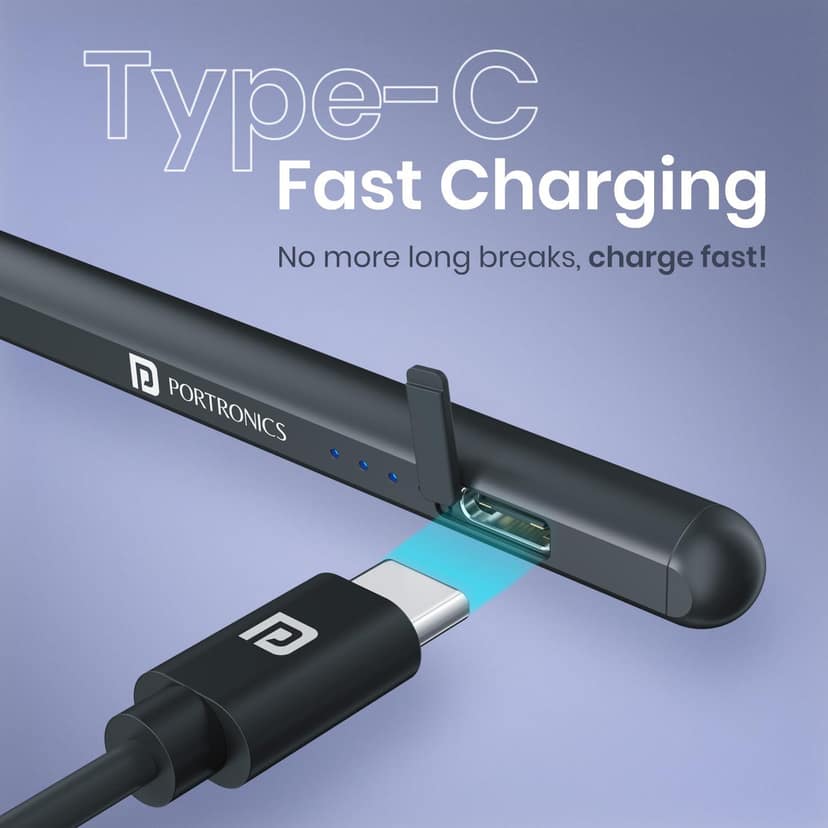 Portronics Glide A - Universal Rechargeable Stylus Pen for Apple & Android Comfortable Grip, Magnetically Attachable, Type-C Charging Port & Battery level Indicator view 2