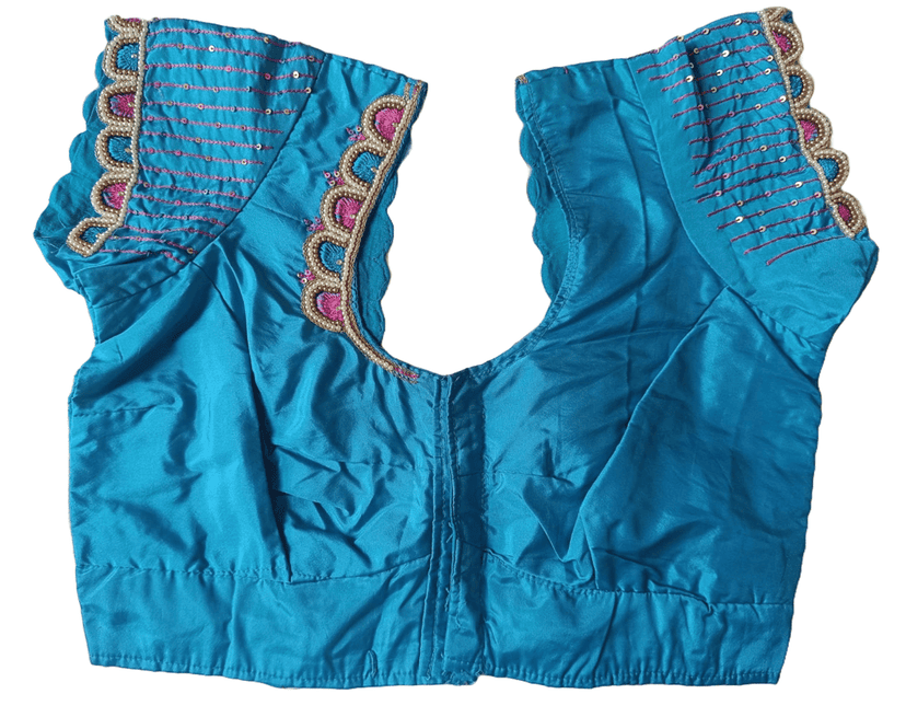 Buy Online Blue Color Embroidered Readymade Blouse With Round Neck And Elbow Sleeves For Women view 2