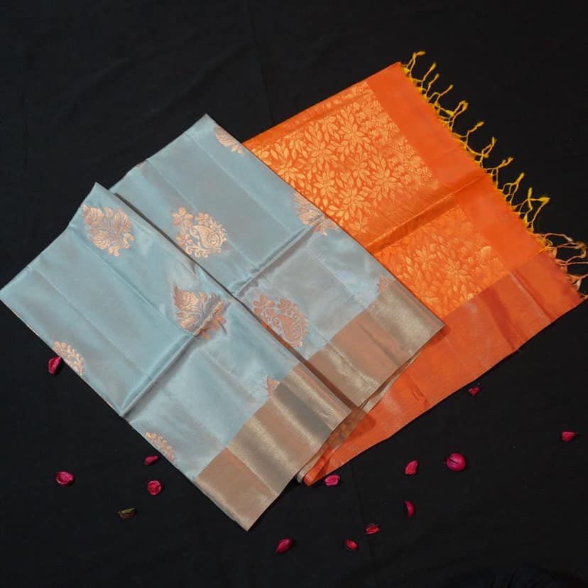 Trendy Pastel Blue & Orange Pallu Kanchipuram Soft Silk Saree