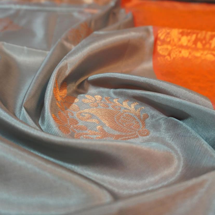 Trendy Pastel Blue & Orange Pallu Kanchipuram Soft Silk Saree view 2