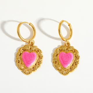 Gold-Plated Heart Shaped Rose Enamel Romantic Statement Earrings